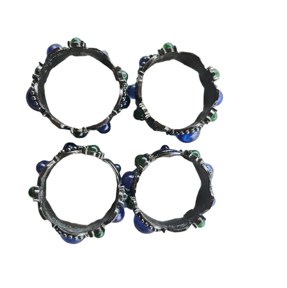 Royal blue Emeral green bead rhinestones silver tone napkin rings set of 4 - Picture 6 of 8